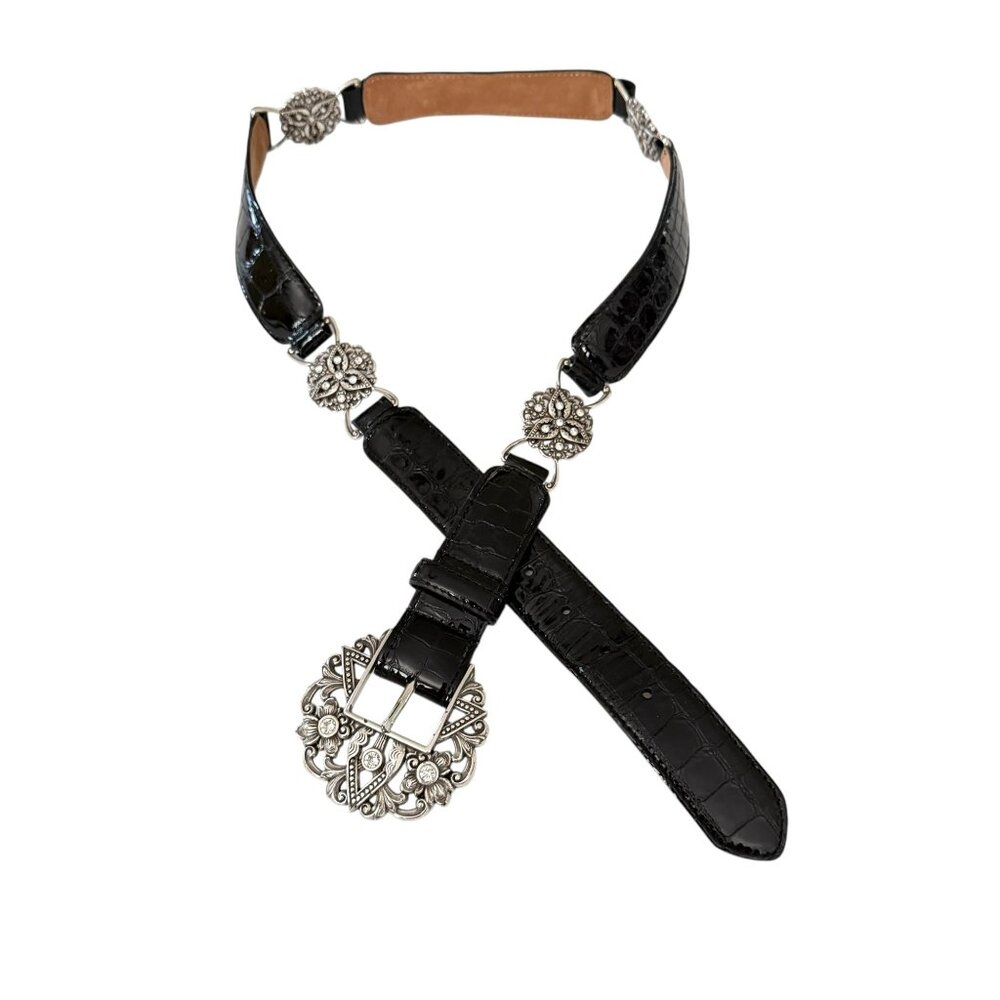 Vintage Brighton Empire Lace Black Croc Embossed Patent Leather Belt Crystals